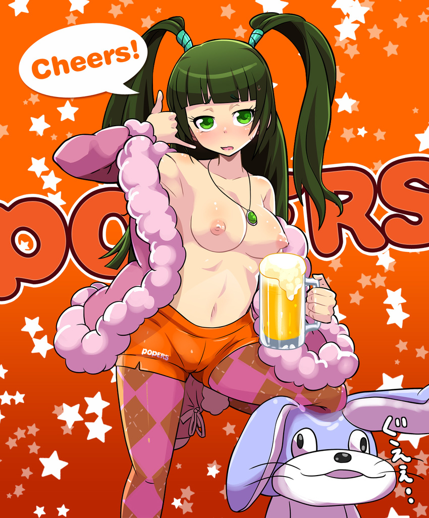 alcohol argyle argyle_legwear armpits beer beer_mug blush boots brand_name_imitation breasts bunny coat cup employee_uniform green_eyes green_hair highres holding holding_cup hooters jewelry large_breasts legwear_under_shorts looking_at_viewer necklace nipples open_clothes open_coat open_mouth osamu_yagi pantyhose pantyhose_under_shorts pop'n_music short_shorts shorts sleeveless solo topless tsurara_(pop'n_music) twintails uniform usao-kun