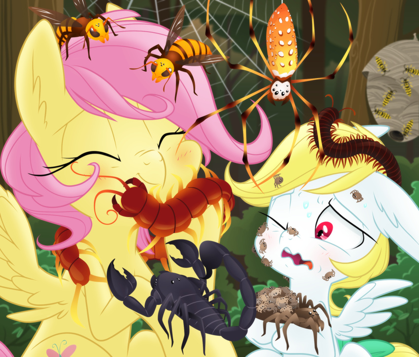 2016 angel_(mlp) arachnid arthropod centeped duo equine female fluttershy_(mlp) friendship_is_magic insect mammal my_little_pony pegasus ponification red_eyes scared scorpion spider sweat tarantula wasp wings