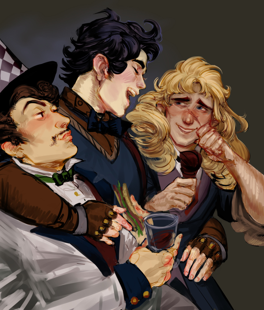 argyle arm_around_neck arm_around_waist black_hair blonde_hair blue_eyes bow bowtie brown_hair closed_eyes cup drinking_glass eyes_closed facial_hair fingerless_gloves formal gloves hat highres jojo_no_kimyou_na_bouken jonathan_joestar long_hair mustache open_mouth robert_eo_speedwagon sandwich scar sir_garrowman smile suit will_anthonio_zeppeli wine_glass