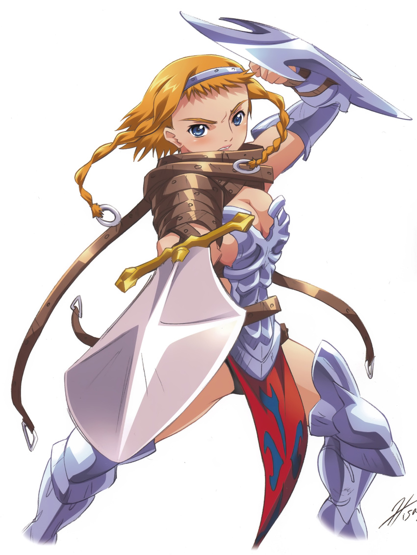 absurdres aqua_eyes arm_up blonde_hair braid breasts cleavage floating_hair hairband highres holding leg_armor legs_apart leina long_hair medium_breasts outstretched_arm parted_lips pointing pointing_at_viewer pointing_sword pose queen's_blade short_hair_with_long_locks side_braid solo sword twin_braids weapon
