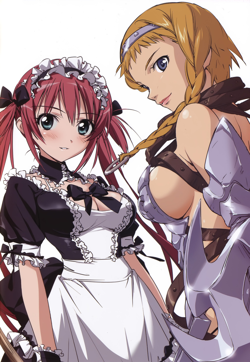 absurdres airi_(queen's_blade) aqua_eyes armor blonde_hair blue_eyes braid breasts cleavage dress frilled_dress frills green_eyes highres hisayuki_hirokazu leina light_smile lips long_hair looking_at_viewer maid medium_breasts multiple_girls queen's_blade red_hair ribbon scythe short_sleeves sideboob simple_background smile takamura_kazuhiro twin_braids twintails white_background