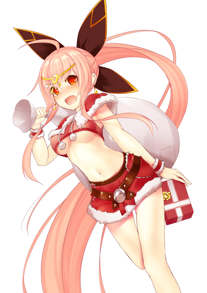 ahoge bangs blush bow breasts capelet circlet dobunezumi elsword fang gift hair_bow highres ignia_(elsword) leg_up long_hair looking_at_viewer medium_breasts navel open_mouth pink_hair pom_pom_(clothes) red_eyes sack santa_costume simple_background solo underboob very_long_hair white_background wrist_cuffs