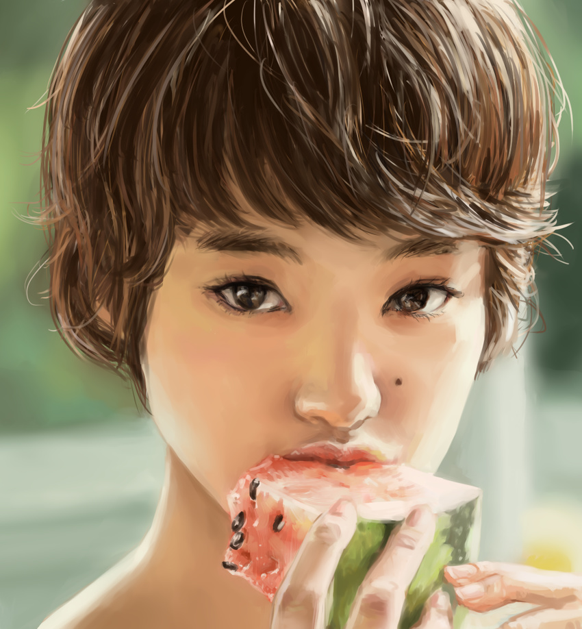 black_eyes black_hair derivative_work food fruit looking_at_viewer mole nikuo short_hair solo watermelon