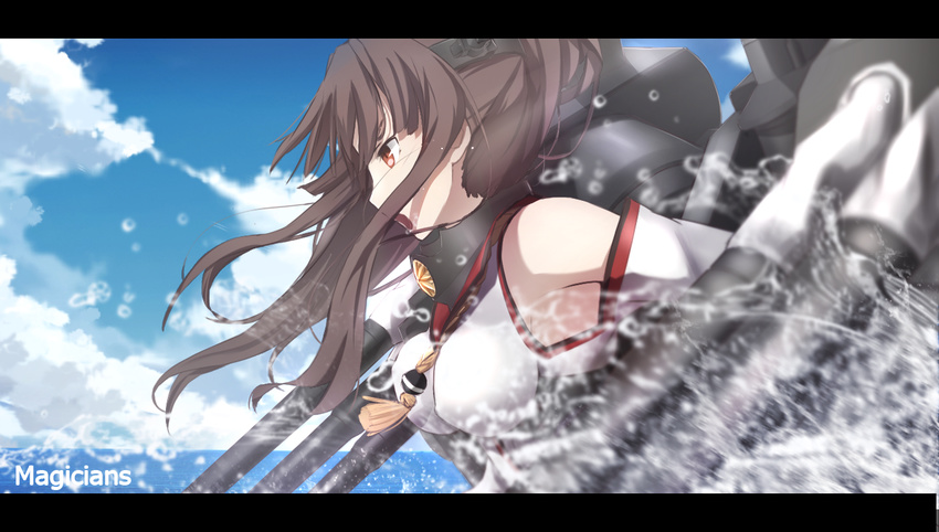 breasts brown_hair cloud day detached_sleeves kantai_collection large_breasts letterboxed long_hair magicians_(zhkahogigzkh) ocean open_mouth red_eyes sidelocks solo spray turret water yamato_(kantai_collection)