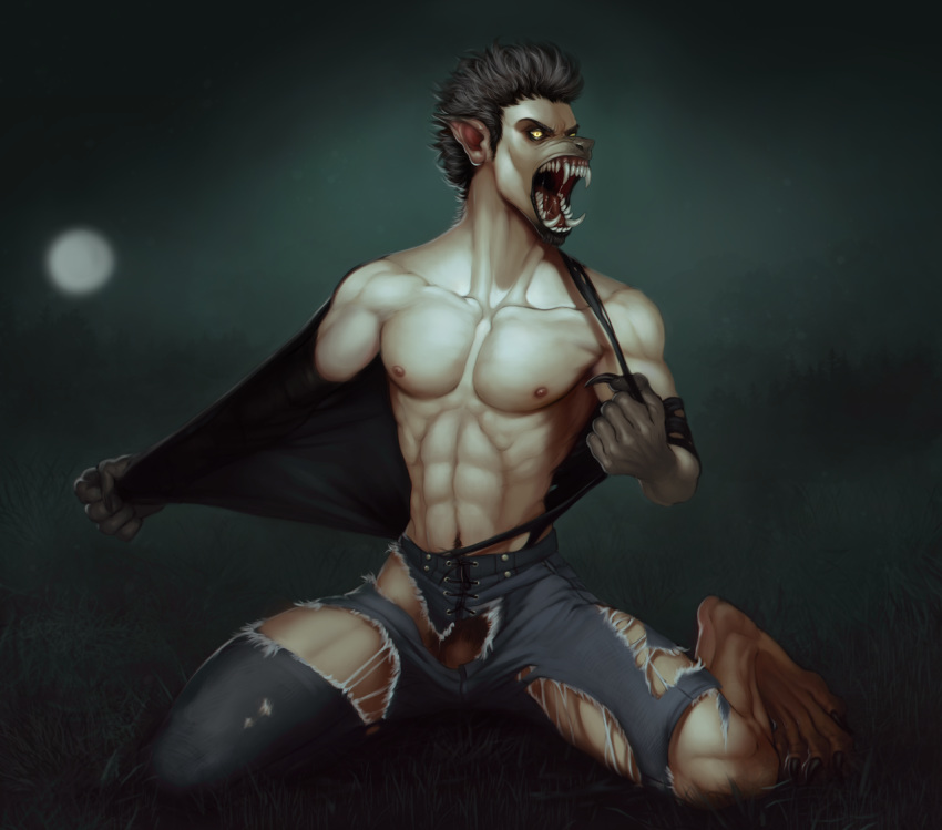 altagrin anthro canine clothing full_moon male mammal mid_transformation moon muscular night noxyfer solo torn_clothing transformation were werewolf