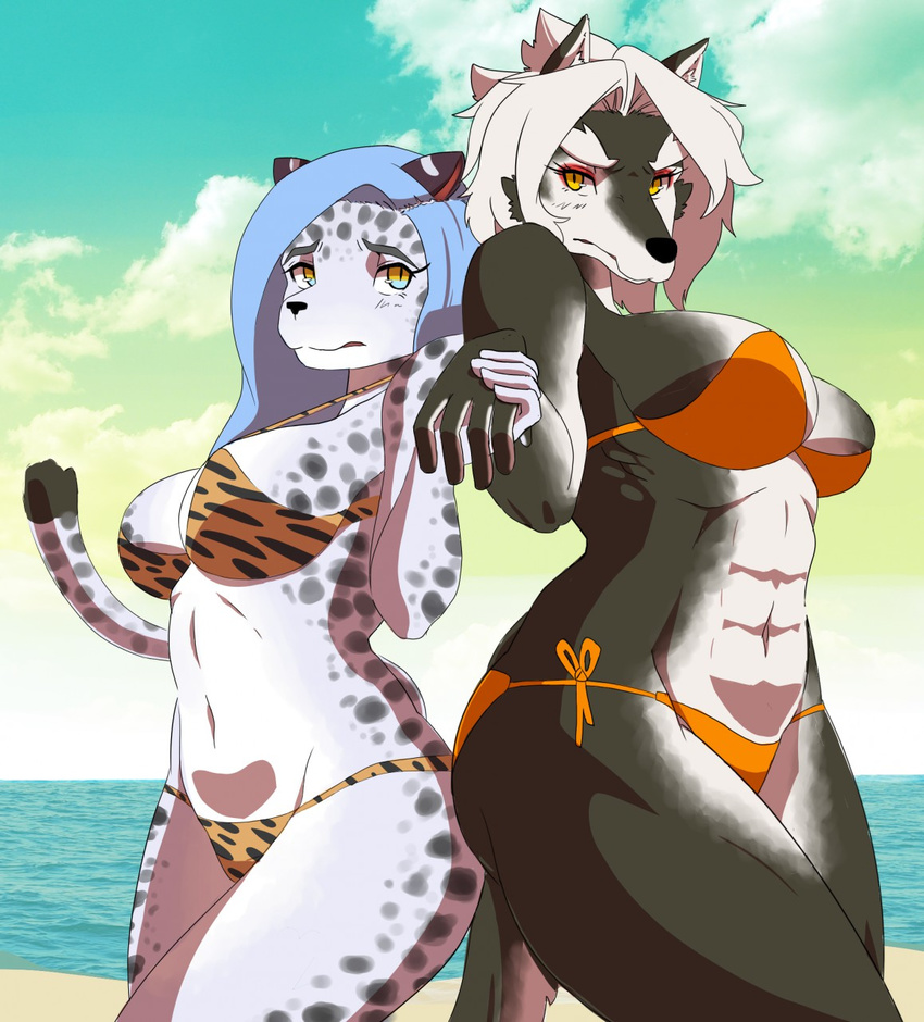 abs annoyed beach big_breasts bikini blue_hair breasts cakewasgood canine clothing dog feline female hair larger_female leopard long_hair looking_at_viewer mammal muscular muscular_female outside seaside short_hair size_difference smaller_female snow_leopard swimsuit water worried