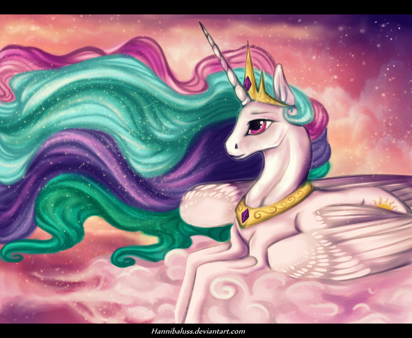 2015 cloudscape crown equine feathered_wings feathers female feral friendship_is_magic fur hair hi_res horn jewelry lanteria mammal multicolored_hair my_little_pony necklace princess_celestia_(mlp) purple_eyes royalty sky solo star white_feathers white_fur winged_unicorn wings