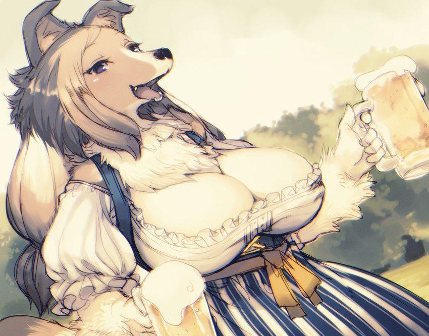 alcohol anthro beer beverage big_breasts blue_eyes blush breasts canine chest_tuft cleavage clothed clothing collie dog dress food hair huge_breasts kishibe long_hair mammal open_mouth outside rough_collie smile solo tuft