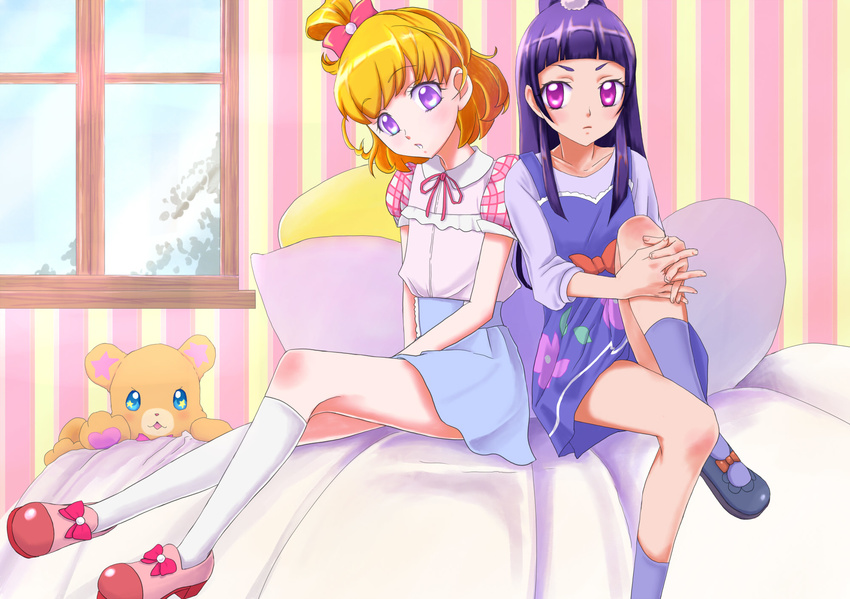 amawa_kazuhiro asahina_mirai bear bed black_footwear blonde_hair blouse blue_skirt bow creature full_body hair_bow highres izayoi_liko kneehighs long_hair mahou_girls_precure! mofurun_(mahou_girls_precure!) multiple_girls pillow pink_bow pink_footwear precure purple_eyes purple_hair purple_legwear purple_skirt shoes short_hair sitting skirt star star_in_eye symbol_in_eye white_legwear window