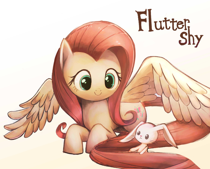 2016 absurd_res angel_(mlp) bronyraimu cutie_mark english_text equine feathered_wings feathers female feral fluttershy_(mlp) friendship_is_magic fur green_eyes hair hi_res lagomorph mammal my_little_pony pegasus rabbit red_hair simple_background smile solo text white_background white_fur wings yellow_feathers yellow_fur