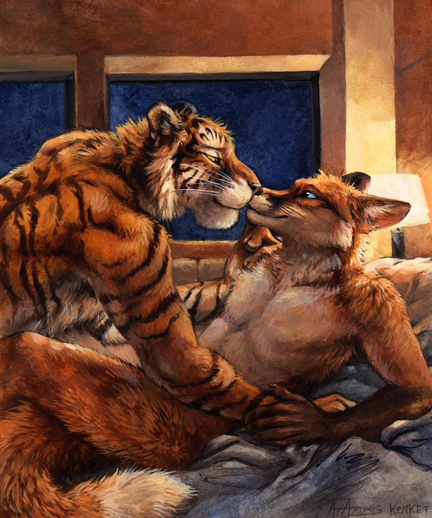 bed bedroom black_fur black_stripes brown_fur canine couple devlin_miski duo duo_focus eye_contact feline fox fur group kenket kissing kyell_gold love male male/male mammal nude orange_body orange_fur out_of_position red_fox romantic rukis striped_body stripes tiger whiskers wiley_farrel