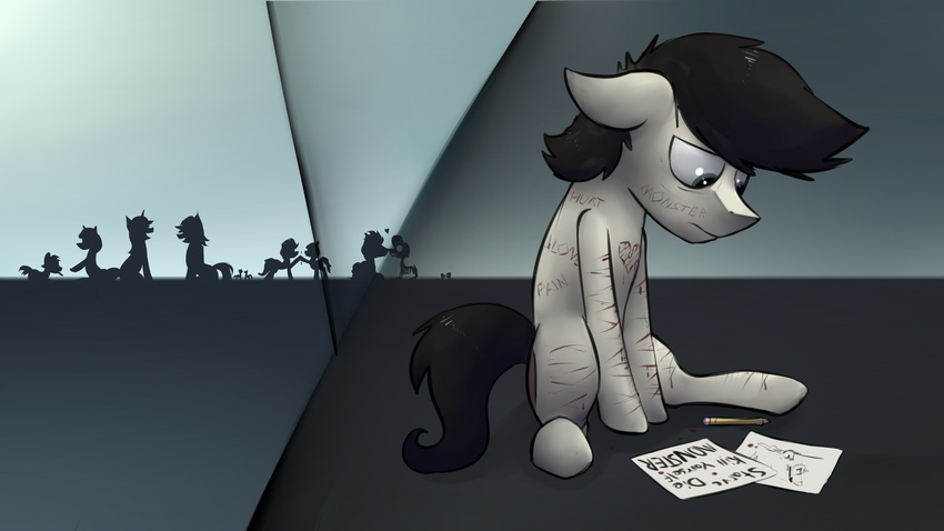 blood body_writing dark depression equine fan_character feral group horse mammal marsminer my_little_pony paper pencil pone_keith pony self_harm silhouette sitting solo_focus