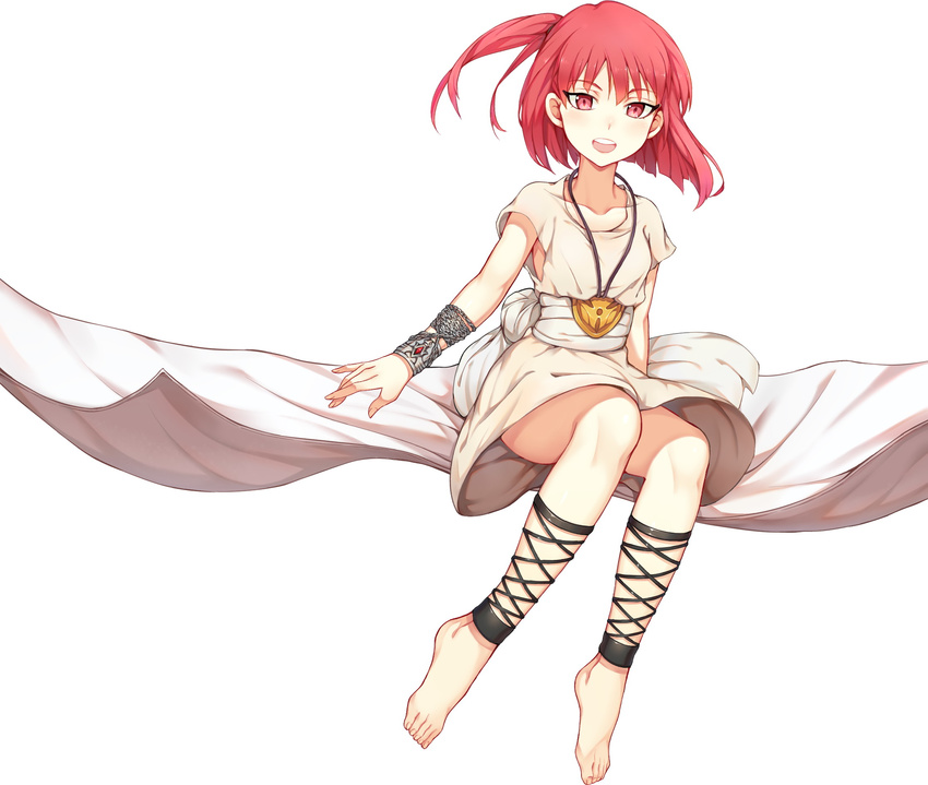 ankle_lace-up barefoot bracelet chain choukoukou_no_diaosi cross-laced_footwear dress feet full_body highres jewelry magi_the_labyrinth_of_magic morgiana one_side_up plantar_flexion red_eyes red_hair simple_background smile solo toes white_dress