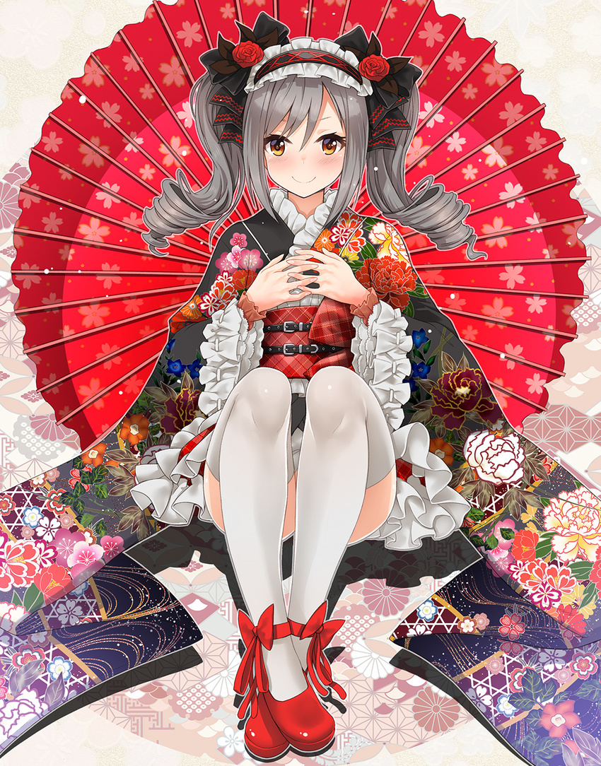 alternate_eye_color bangs blush brown_eyes commentary_request drill_hair flower frilled_kimono frills gothic_lolita hair_between_eyes hair_flower hair_ornament hairband hands_on_own_chest hands_together highres idolmaster idolmaster_cinderella_girls japanese_clothes kanzaki_ranko kazu kimono lolita_fashion lolita_hairband long_hair looking_at_viewer mary_janes obi red_footwear rose sash shoes silver_hair sitting smile solo thighhighs twin_drills twintails umbrella wa_lolita white_legwear