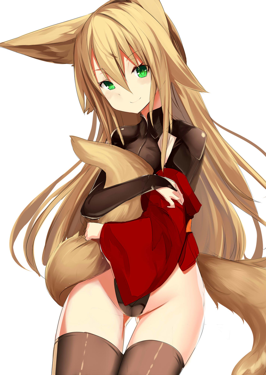 animal_ears black_legwear brown_legwear detached_sleeves fox_ears fox_tail green_eyes haik highleg highleg_leotard highres kokonoe_tsubaki leotard long_hair long_sleeves multiple_tails original smile solo tail tail_hug thighhighs very_long_hair wide_sleeves