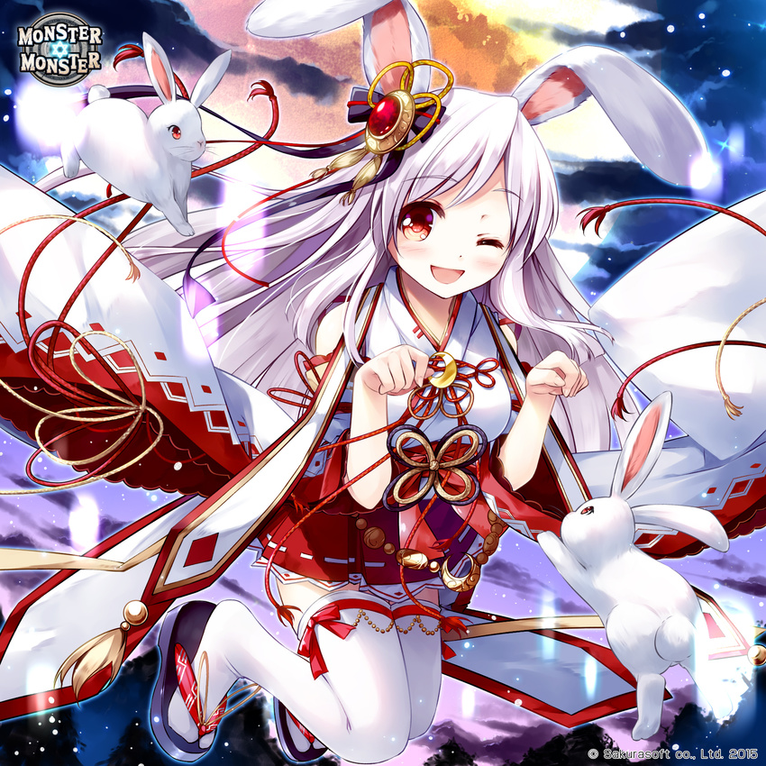 animal_ears bunny bunny_ears hair_ornament hakama_skirt highres japanese_clothes long_hair long_sleeves looking_at_viewer miko miyase_mahiro monster_monster official_art one_eye_closed open_mouth original paw_pose red_eyes shirt silver_hair smile solo thighhighs very_long_hair white_legwear wide_sleeves zettai_ryouiki