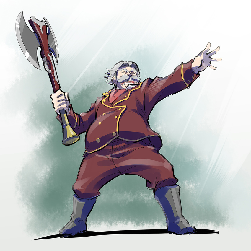 antique_firearm axe blunderbuss boots facial_hair fat fat_man fighting_stance firearm full_body grey_hair gun highres iesupa male_focus mustache old_man open_mouth peter_port rwby solo weapon