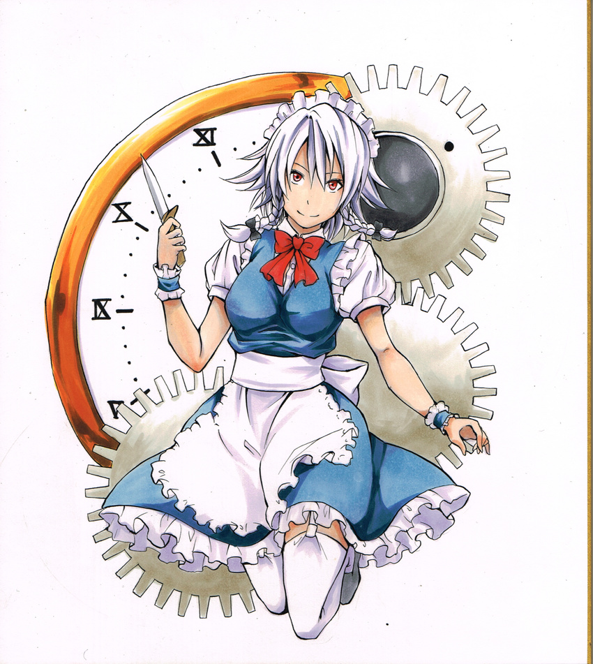 apron black_footwear blue_dress bow breasts clock collared_shirt commentary dress frilled_apron frilled_dress frills full_body garter_straps gears head_tilt highres holding holding_knife izayoi_sakuya knife koji_(koji-a) legs_up looking_at_viewer maid maid_apron maid_headdress medium_breasts puffy_short_sleeves puffy_sleeves red_eyes roman_numerals shikishi shirt shoes short_sleeves silver_hair simple_background sleeveless sleeveless_dress smile solo thighhighs touhou white_background white_legwear white_shirt wrist_cuffs