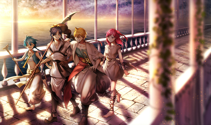 2girls aladdin_(magi) ali_baba_saluja ashita_(sooott) bad_id bad_pixiv_id baggy_pants barefoot blonde_hair blue_hair bridge dress feet magi_the_labyrinth_of_magic morgiana multiple_boys multiple_girls naginata pants polearm red_hair ren_hakuryuu sarashi smile sunset sword walking weapon white_dress