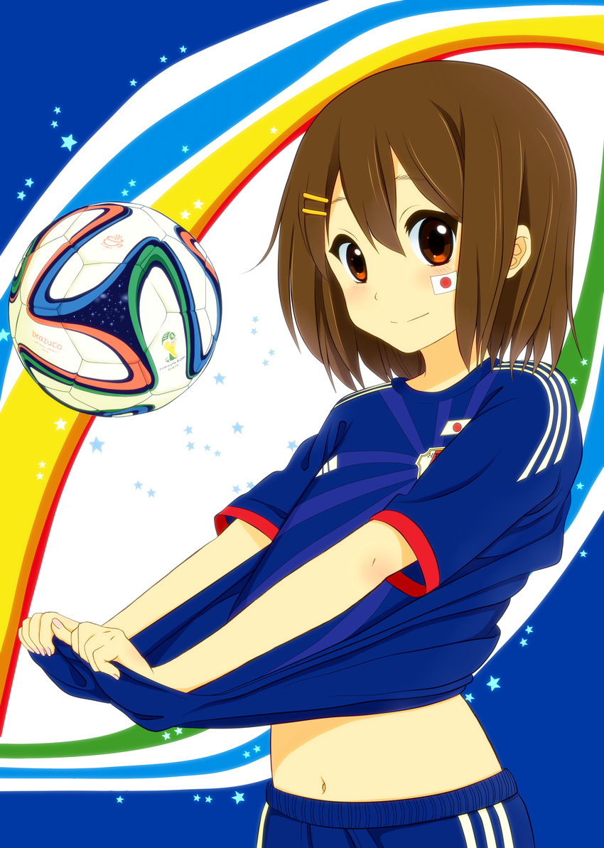 2014_fifa_world_cup absurdres bad_id bad_pixiv_id blush brazuca brown_eyes brown_hair highres hirasawa_yui hiro9779 japan japanese_flag k-on! looking_at_viewer navel smile soccer solo world_cup