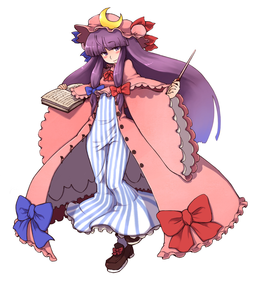 big_hair blush book bow crescent daitai_konna_kanji full_body hair_bow hair_ribbon hat highres long_hair nightgown patchouli_knowledge pointer purple_eyes purple_hair ribbon sidelocks smile solo striped touhou transparent_background tress_ribbon