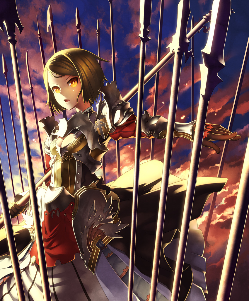 arm_at_side armor armored_dress bangs battleline black_gloves breasts brown_hair carrying_under_arm cleavage cloud commentary_request copyright_request dress faulds feet_out_of_frame gloves gorget highres kunieda looking_at_viewer outdoors outstretched_arm pauldrons polearm short_hair sky small_breasts solo spear standing swept_bangs too_many_weapons vambraces weapon yellow_eyes