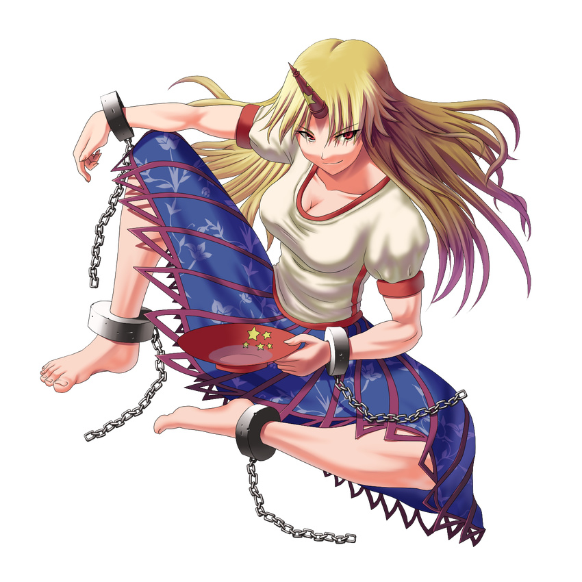 akimichi alcohol ankle_cuffs barefoot blonde_hair breasts chain cleavage cuffs cup feet from_above full_body highres horn hoshiguma_yuugi large_breasts long_hair muscle red_eyes sakazuki sake skirt smile solo star toes touhou transparent_background