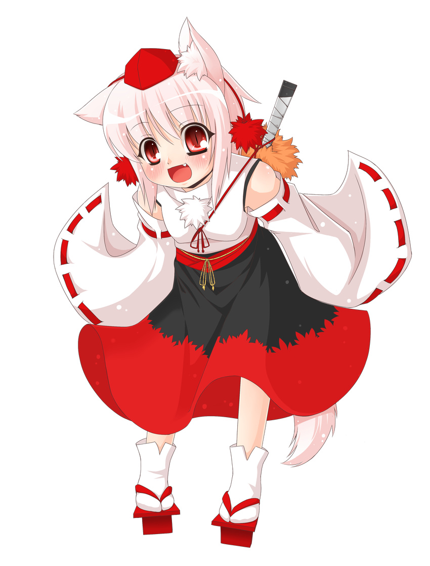 absurdres animal_ears blush chibi detached_sleeves fang full_body hat highres inubashiri_momiji red_eyes short_hair solo sword tail takayuki_hiyori tokin_hat touhou transparent_background weapon white_hair wolf_ears wolf_tail