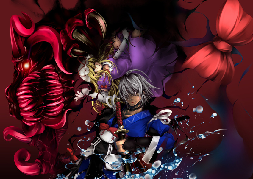 1girl blonde_hair elbow_gloves gap glasses gloves long_hair monster morichika_rinnosuke serizawa_mutsuki short_hair silver_hair touhou yakumo_yukari