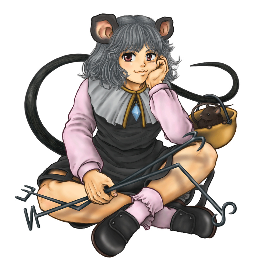 animal_ears basket grey_hair highres inukai_tamiyo jewelry mouse mouse_ears mouse_tail nazrin pendant red_eyes short_hair solo tail touhou