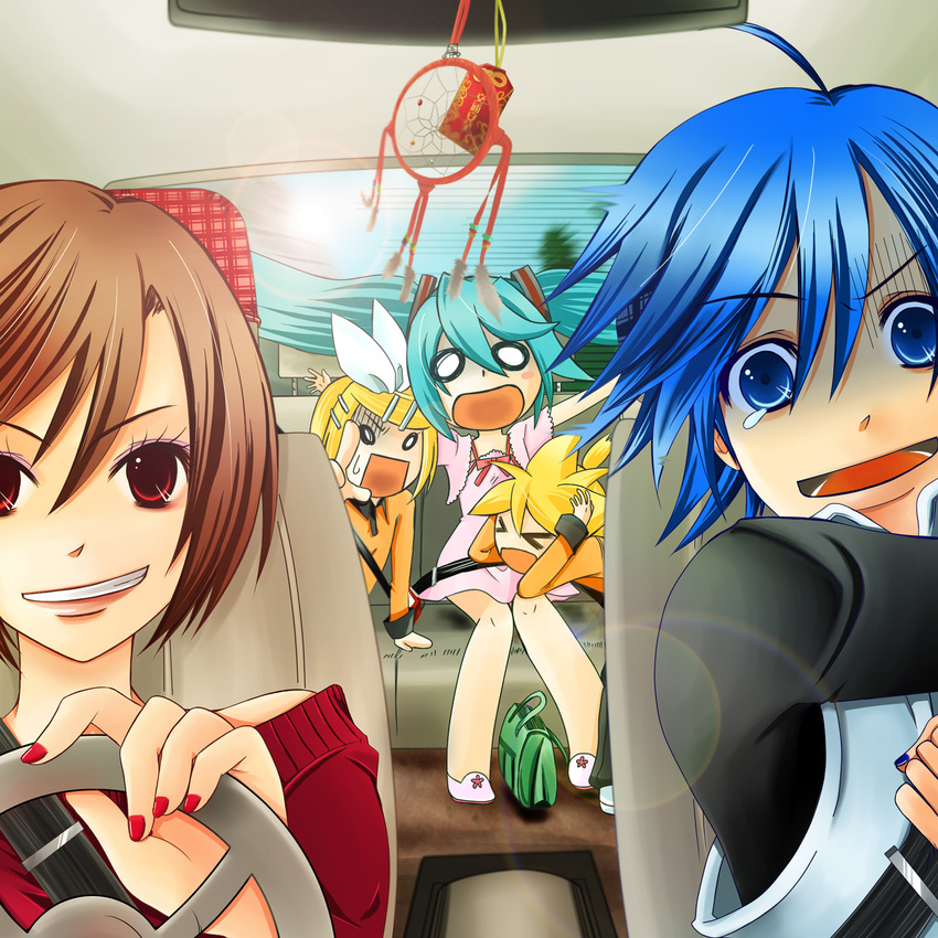 &gt;_&lt; 3girls agi_(kankarado) ahoge alternate_costume aqua_hair bag blonde_hair blue_eyes blue_hair brown_hair car car_interior casual closed_eyes constricted_pupils dream_catcher driving eyeshadow grin ground_vehicle hair_ornament hairclip hand_on_head hatsune_miku highres kagamine_len kagamine_rin kaito lens_flare long_hair makeup md5_mismatch meiko motor_vehicle multiple_boys multiple_girls nail_polish o_o omamori open_mouth outstretched_arms pointing red_eyes red_nails right-hand_drive scared short_hair smile spread_arms sun teardrop turn_pale twintails very_long_hair vocaloid