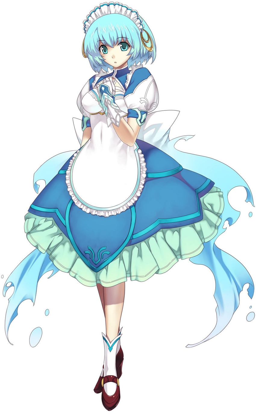 apron atelier_(series) blue_eyes blue_hair bow cross_edge dress full_body gloves highres hirano_katsuyuki impossible_clothes maid maid_headdress mana_khemia_(series) mana_khemia_2 mary_janes official_art shoes short_hair socks solo standing turtleneck wuim_(mana_khemia)