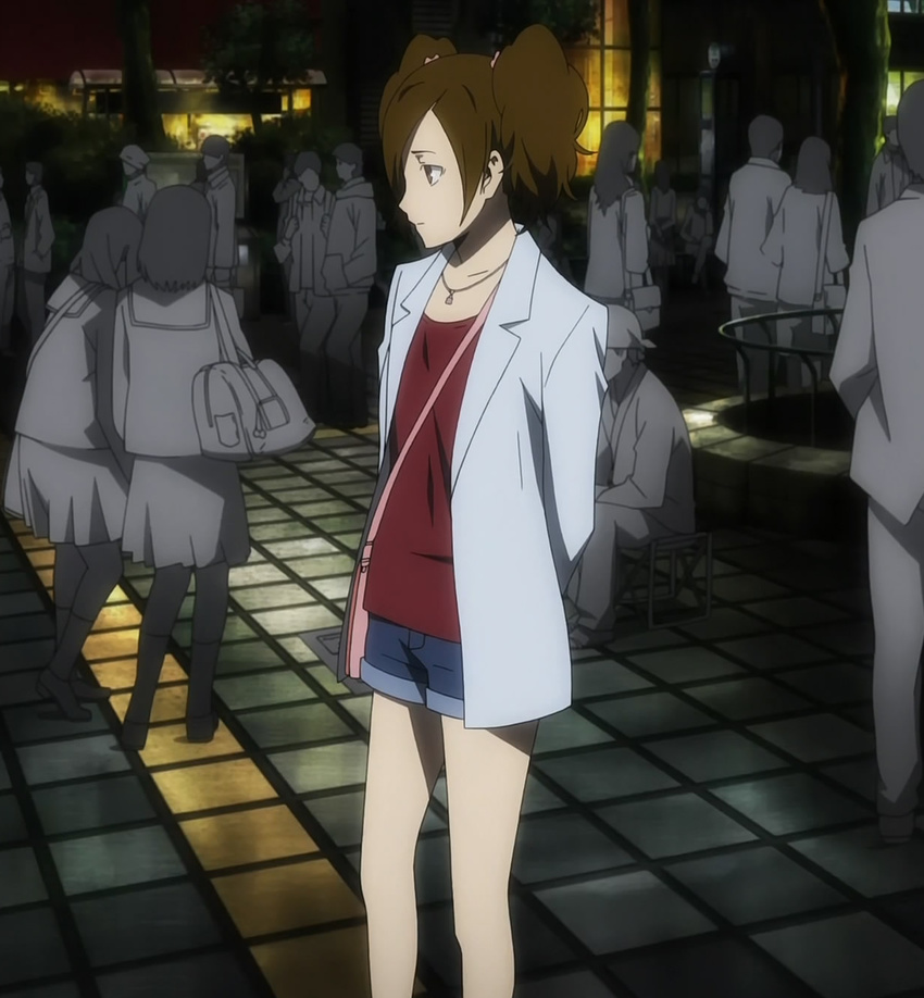 bag brown_hair coat durarara!! handbag highres kamichika_rio purse road shorts street