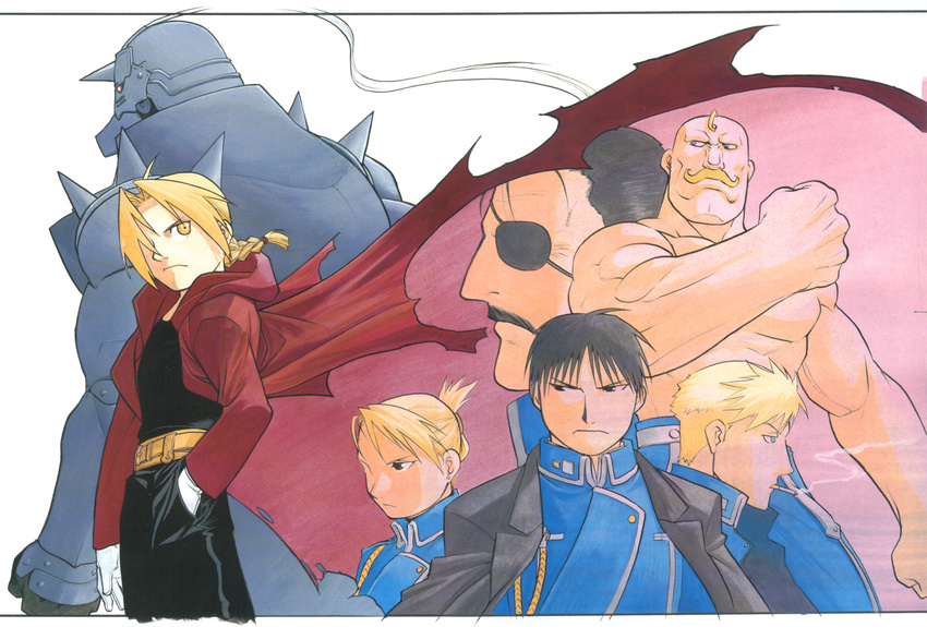 6+boys alex_louis_armstrong alphonse_elric arakawa_hiromu armor black_hair blonde_hair edward_elric eyepatch full_armor fullmetal_alchemist highres jean_havoc king_bradley multiple_boys official_art riza_hawkeye roy_mustang smoking yellow_eyes