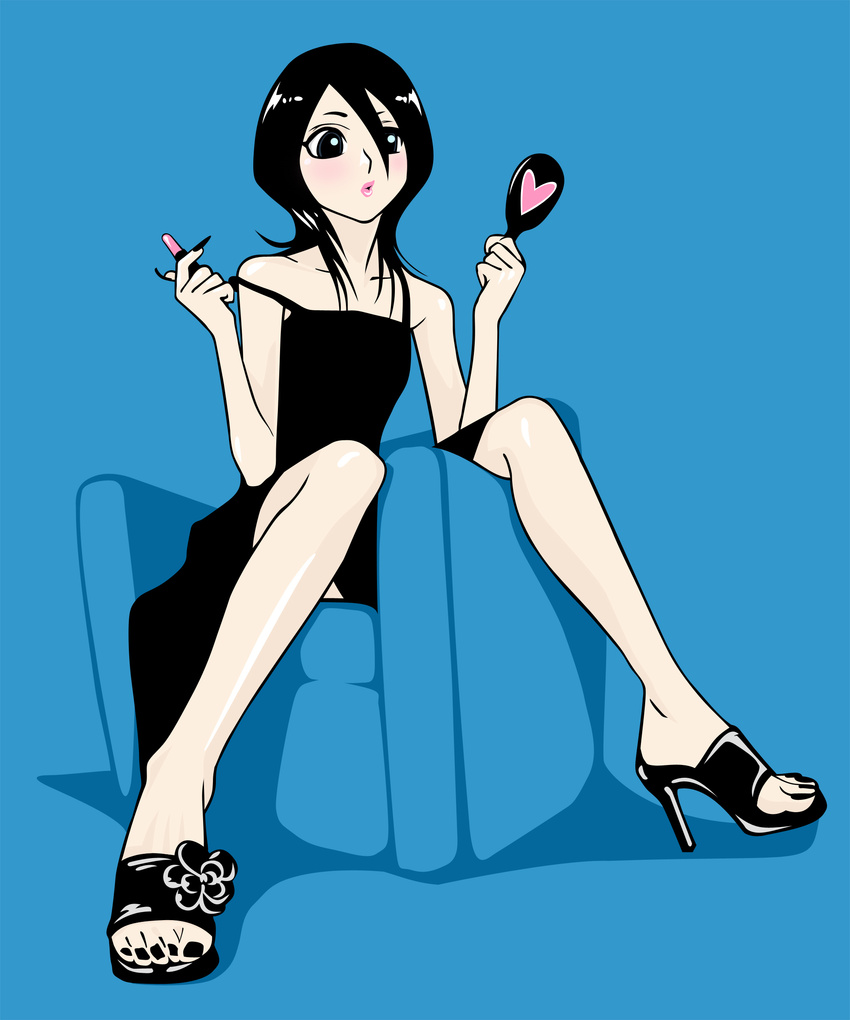 absurdres bare_shoulders black_dress black_hair black_nails bleach blue_background chair collarbone dress feet fingernails formal full_body hair_between_eyes heart high_heels highres holding kuchiki_rukia legs lipstick long_fingernails long_legs makeup mirror nail_polish open_mouth sandals shoes simple_background solo strap_slip toenail_polish toes vector_trace