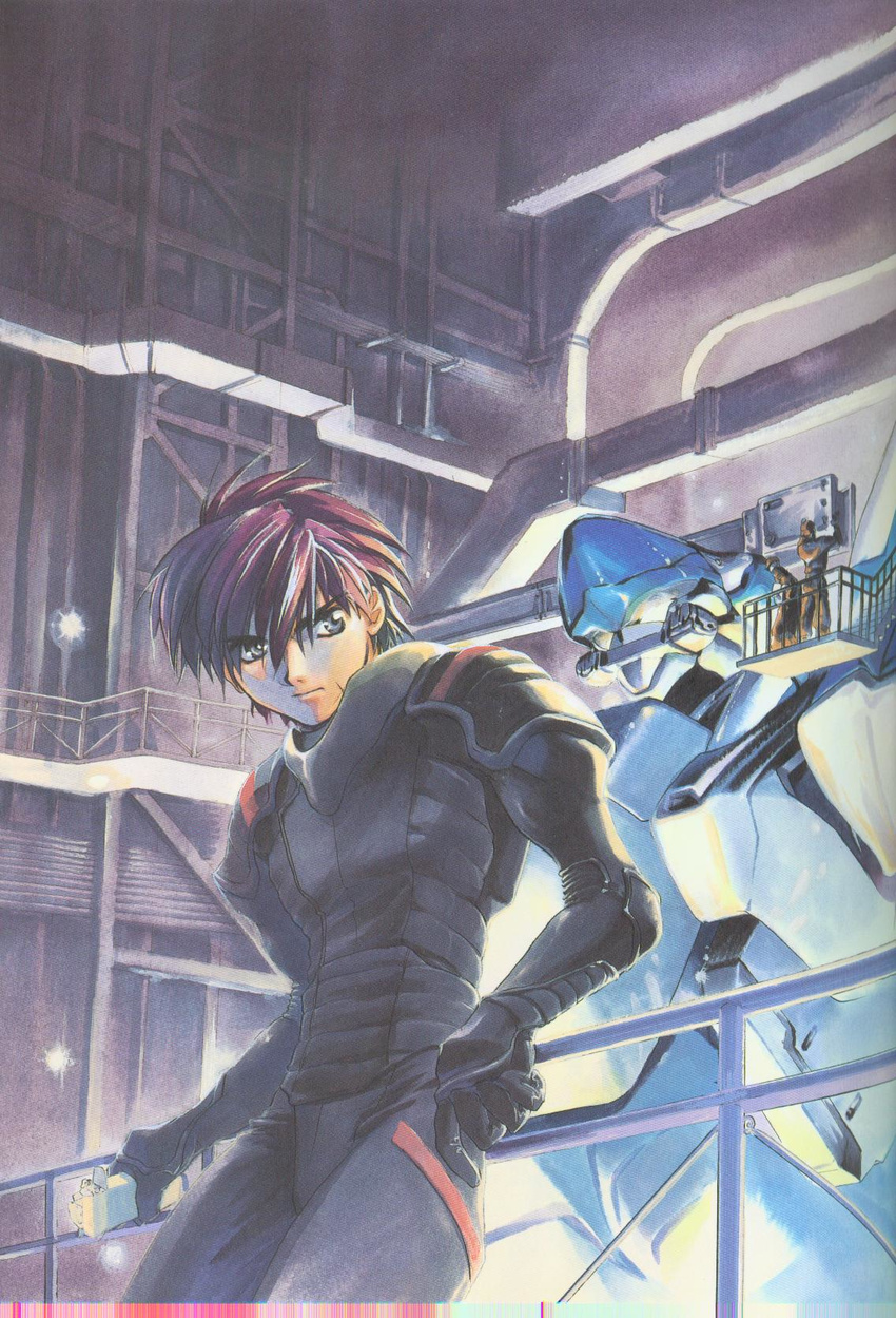 arbalest brown_hair full_metal_panic! grey_eyes hangar highres male_focus mecha pilot_suit sagara_sousuke scan shikidouji solo_focus