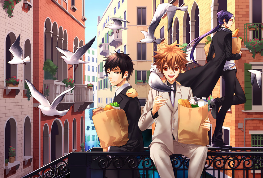 bird black_hair brown_hair building food formal hibari_kyouya katekyo_hitman_reborn! male_focus multiple_boys purple_hair rokudou_mukuro sawada_tsunayoshi suit toichi_(ik07) venice