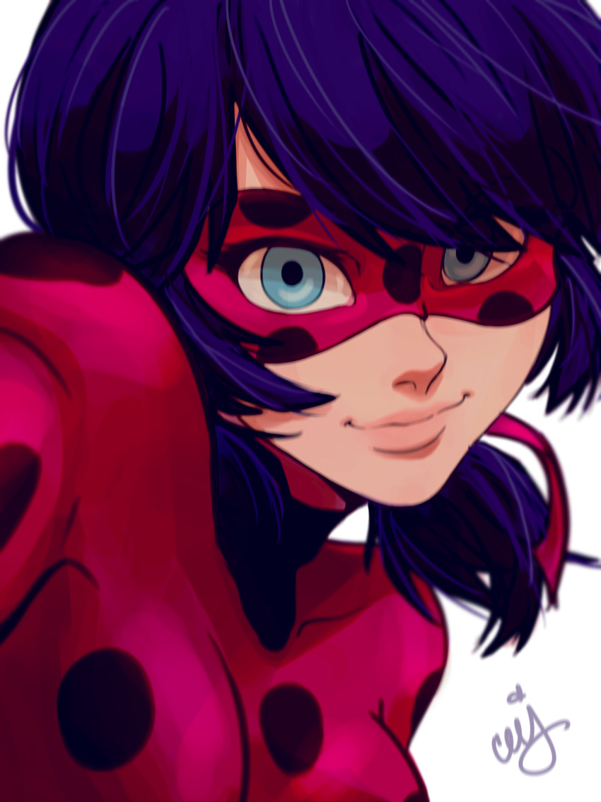 blue_eyes blue_hair bodysuit ceejles domino_mask highres ladybug_(character) looking_at_viewer magical_girl marinette_dupain-cheng mask medium_hair miraculous_ladybug polka_dot signature smile solo twintails upper_body