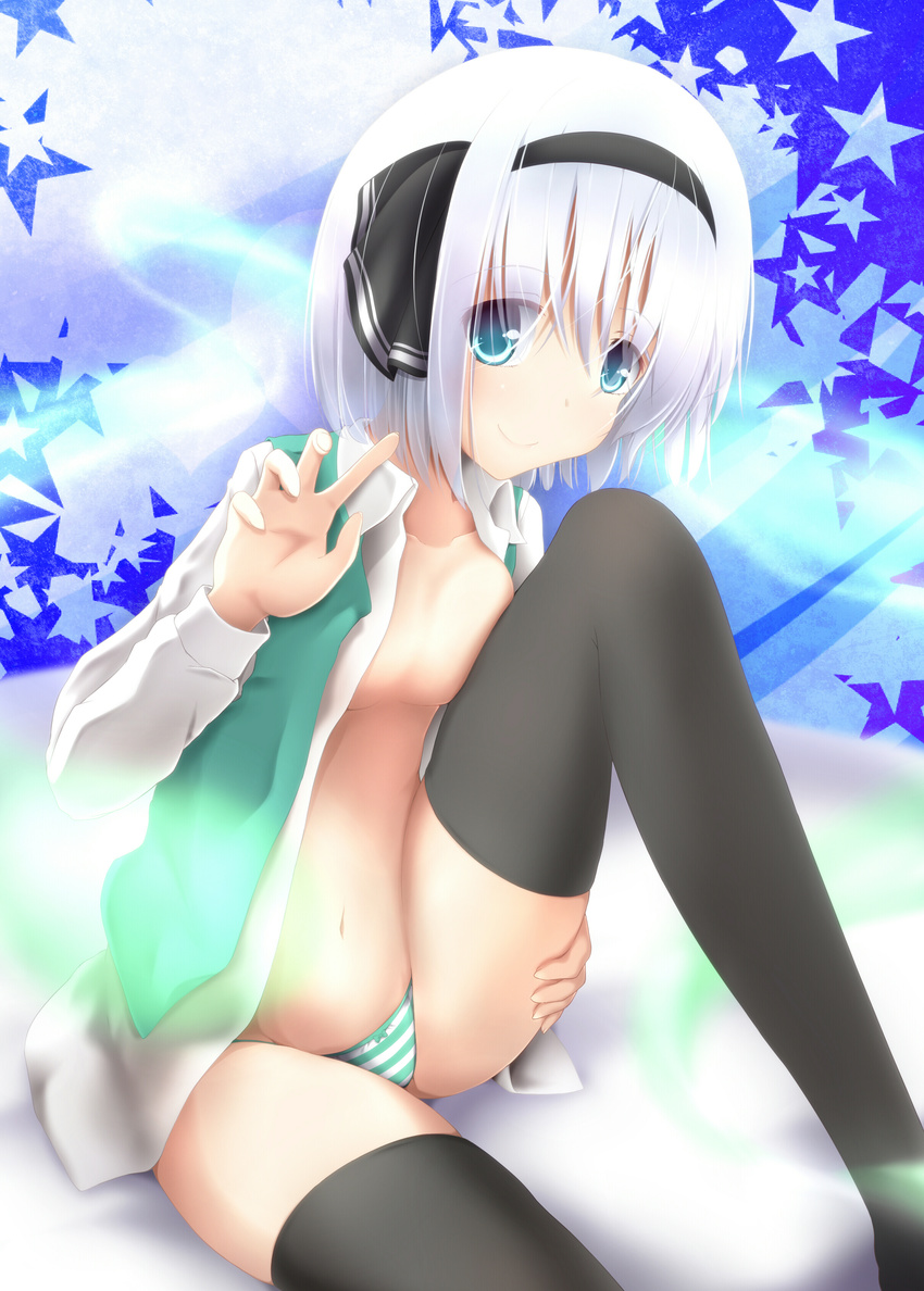 absurdres black_hairband black_legwear black_ribbon blue_eyes breasts collarbone evandragon eyes_visible_through_hair green_panties green_vest hair_between_eyes hair_ribbon hairband highres konpaku_youmu long_sleeves looking_at_viewer navel no_bra open_clothes open_shirt open_vest panties ribbon shirt short_hair silver_hair sitting small_breasts smile solo star starry_background striped striped_panties thighhighs thighs topless touhou underwear vest white_panties white_shirt