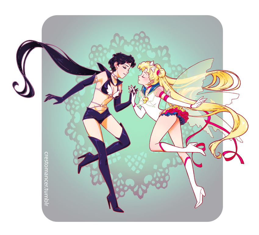 artist_name bikini_top bishoujo_senshi_sailor_moon black_footwear black_gloves black_hair black_legwear blonde_hair blue_sailor_collar boots butterfly_wings choker circlet closed_eyes crescent crescent_earrings crestomancer double_bun earrings elbow_gloves eternal_sailor_moon facial_mark forehead_mark frilled_skirt frills gloves groin hair_ornament high_heel_boots high_heels highres interlocked_fingers jewelry knee_boots layered_skirt long_hair microskirt midriff multiple_girls navel ponytail purple_eyes red_choker ribbon sailor_collar sailor_moon sailor_senshi_uniform sailor_star_fighter seiya_kou shorts skirt star star_earrings stiletto_heels thigh_boots thighhighs tsukino_usagi twintails very_long_hair white_footwear white_gloves wings yuri