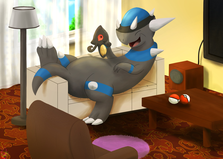 couch furry gen_4_pokemon gen_5_pokemon lamp laughing lying no_humans on_back poke_ball pokemon pokemon_(creature) rampardos rug window yamask