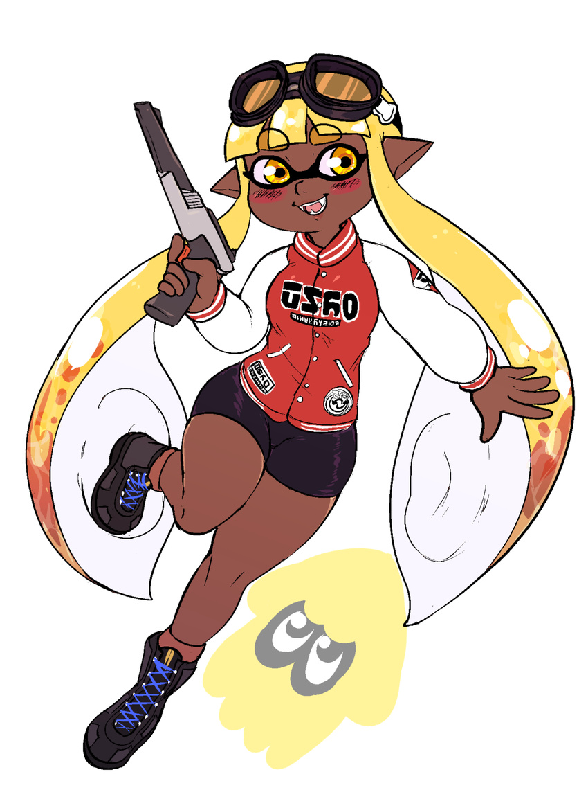 1girl bike_shorts blonde_hair boots cross-laced_footwear dark_skin domino_mask fangs goggles goggles_on_head highres inkling lace-up_boots letterman_jacket mask n-zap_'85_(splatoon) n-zap_'85_(splatoon) sidelocks simple_background smile splatoon squid thick_thighs thighs white_background yellow_kirby