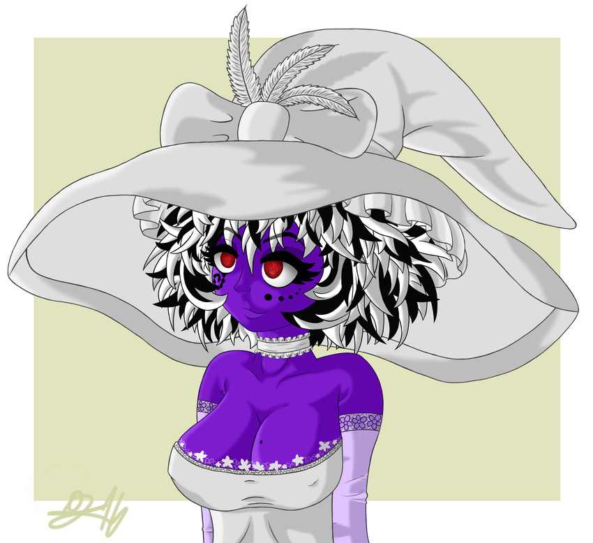 2016 bare_shoulders big_breasts bow breasts choker cleavage clothed clothing diffver dress eyelashes feathers female_herm flower frilly gloves gown hair hat herm intersex magic_user markings multicolored_hair patterns plant purple_skin red_eyes short_hair strapless_dress vrabo witch witch_hat