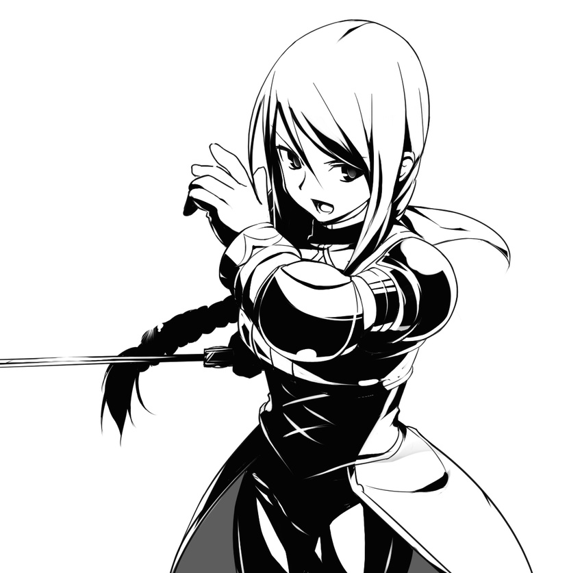 agrias_oaks armor braid final_fantasy final_fantasy_tactics gloves greyscale highres knight level.21 long_hair monochrome pauldrons sidelocks single_braid solo sword weapon