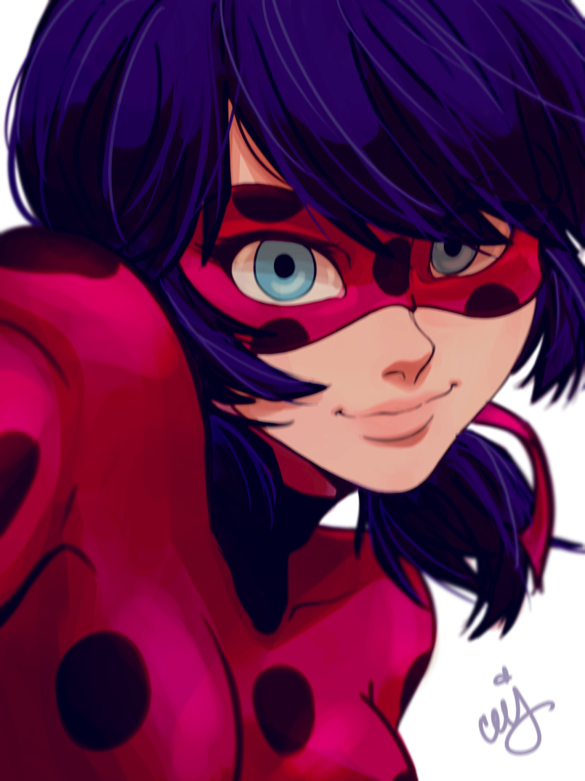 1girl blue_eyes blue_hair bodysuit ceejles domino_mask highres ladybug_(character) long_hair looking_at_viewer magical_girl marinette_cheng marinette_dupain-cheng mask miraculous_ladybug polka_dot smile solo twintails upper_body