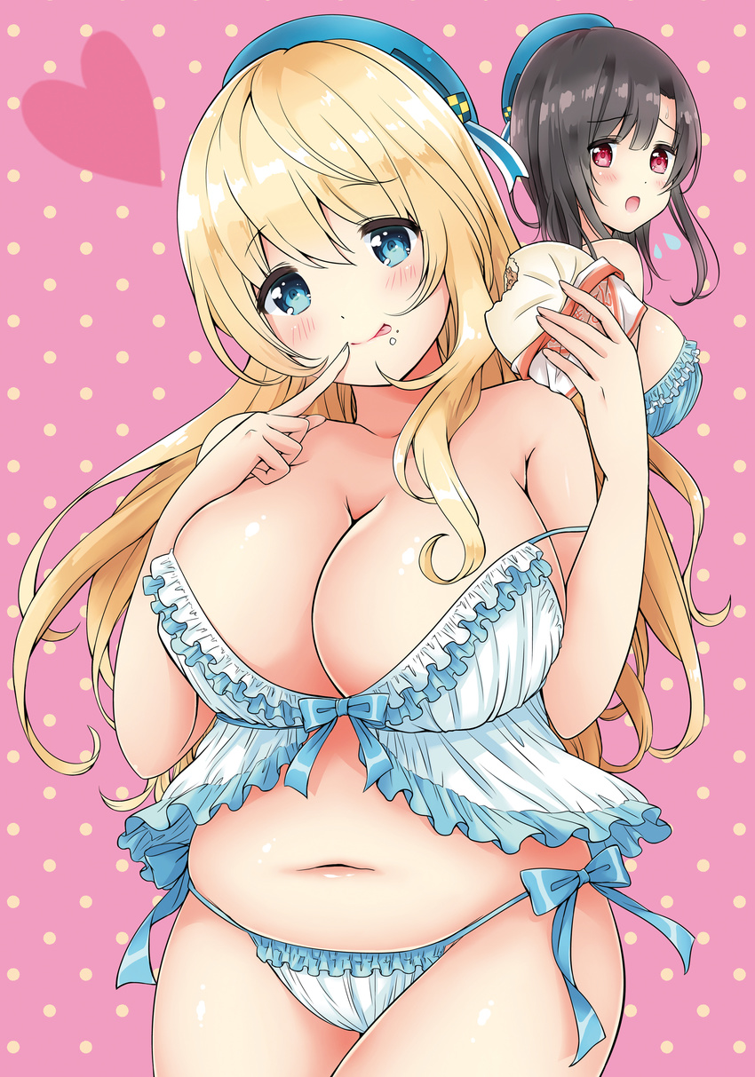 :p absurdres atago_(kantai_collection) babydoll bangs baozi bare_shoulders black_hair blonde_hair blue_bow blue_eyes blue_hat blue_ribbon blush bow breasts checkered cleavage cowboy_shot eyebrows eyebrows_visible_through_hair finger_to_mouth flying_sweatdrops food food_on_face frilled_panties frills hat highres kantai_collection large_breasts long_hair looking_at_viewer mole mole_under_mouth multiple_girls nanashiki_fuuka navel open_mouth panties pink_background plump polka_dot polka_dot_background red_eyes ribbon side-tie_panties stomach strap_slip sweatdrop takao_(kantai_collection) tongue tongue_out underwear white_panties