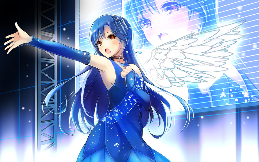 armpits blue_hair breasts brown_eyes detached_sleeves hair_ornament highres idolmaster idolmaster_(classic) kisaragi_chihaya korezyanai long_hair open_mouth sideboob small_breasts solo wings