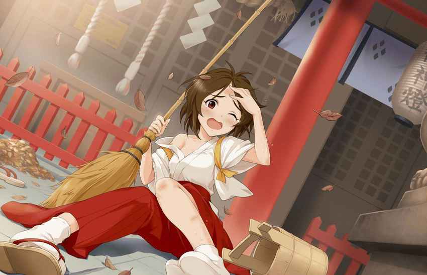bamboo_broom broom brown_eyes brown_hair bruise doumyouji_karin hakama hand_on_own_head idolmaster idolmaster_cinderella_girls idolmaster_cinderella_girls_starlight_stage injury japanese_clothes leaf miko off_shoulder official_art one_eye_closed open_mouth red_hakama shoes short_hair single_shoe solo tears wet