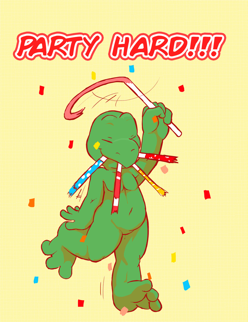 barefoot dancing english_text eyes_closed featureless_crotch front_view ket_ralus_(character) nude on_one_leg party party_blower party_hard redemption3445 reptile scalie shell-less smile text tortavi turtle