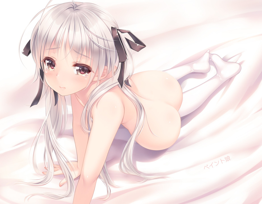 all_fours ass bed_sheet foreshortening hair_ribbon kasugano_sora long_hair looking_at_viewer nude red_eyes ribbon silver_hair solo tears thighhighs twintails white white_legwear yosuga_no_sora youqiniang